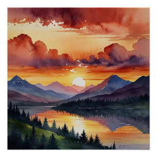Sunset Over Mountains Watercolor Poster