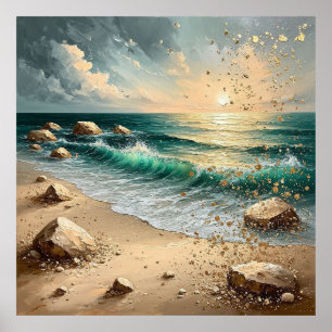 Sunset Over Ocean Waves and Rocky Shoreline Poster