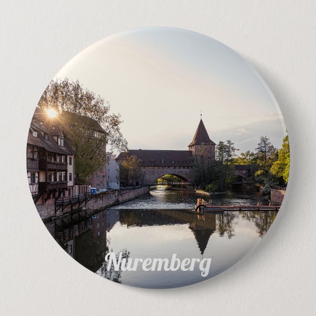 Sunset over old medieval bridge in Nuremberg 10 Cm Round Badge (Front)