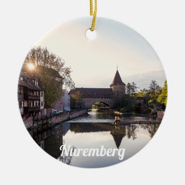 Sunset over old medieval bridge in Nuremberg Ceramic Tree Decoration (Front)