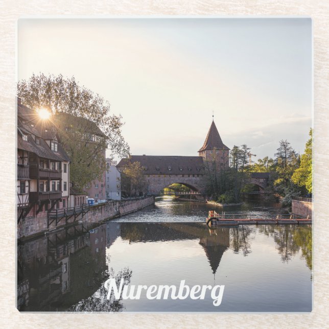 Sunset over old medieval bridge in Nuremberg Glass Coaster (Front)