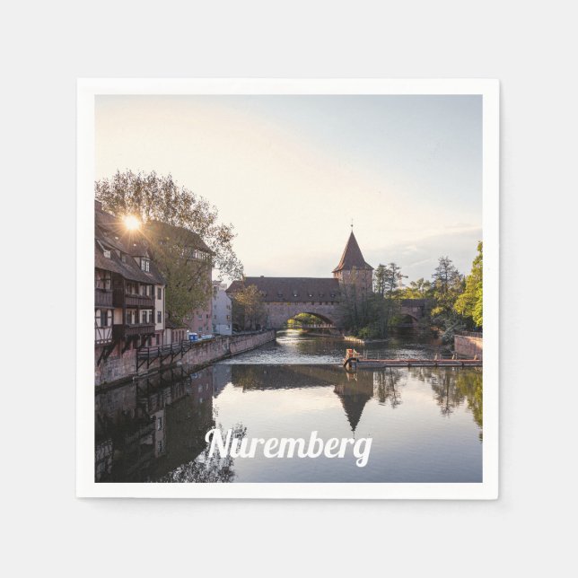 Sunset over old medieval bridge in Nuremberg Napkin (Front)