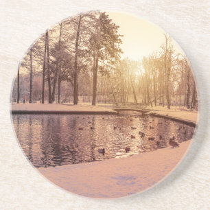 Sunset over park with small frosty lake coaster