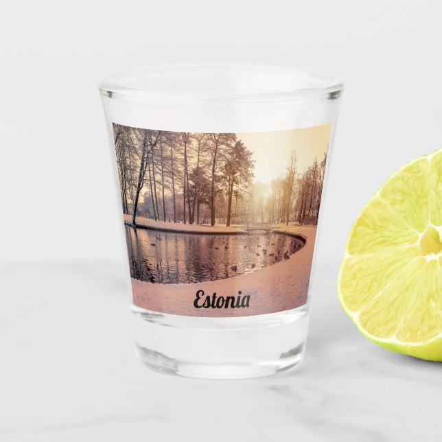 Sunset over park with small frosty lake shot glass (Front)