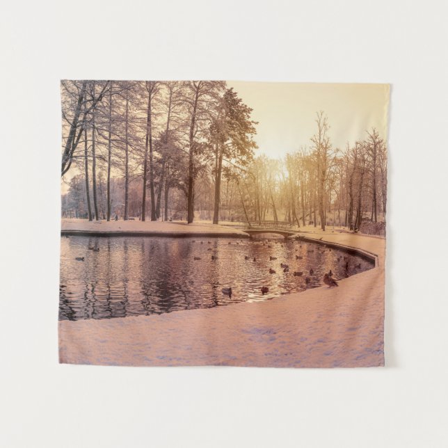 Sunset over park with small frosty lake tapestry (Front (Horizontal))