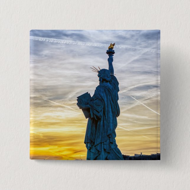 Sunset over Replica of the Liberty Statue in Paris 15 Cm Square Badge (Front)
