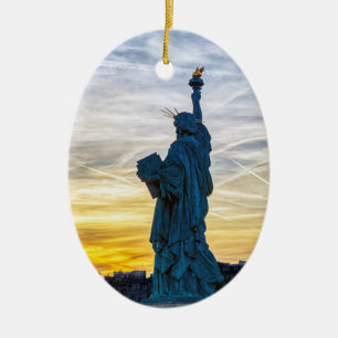 Sunset over Replica of the Liberty Statue in Paris Ceramic Tree Decoration