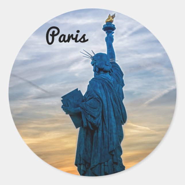 Sunset over Replica of the Liberty Statue in Paris Classic Round Sticker (Front)