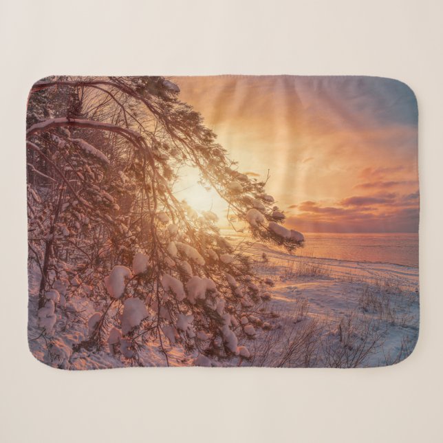 Sunset over sea and snowy pine tree sherpa blanket (Front (Horizontal))