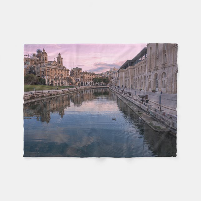 Sunset over small canal in Cospicua, Malta Fleece Blanket (Front (Horizontal))