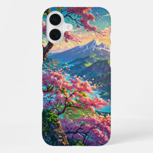 Sunset Over Snow Capped Mountain and Blossoming iPhone 16 Plus Case