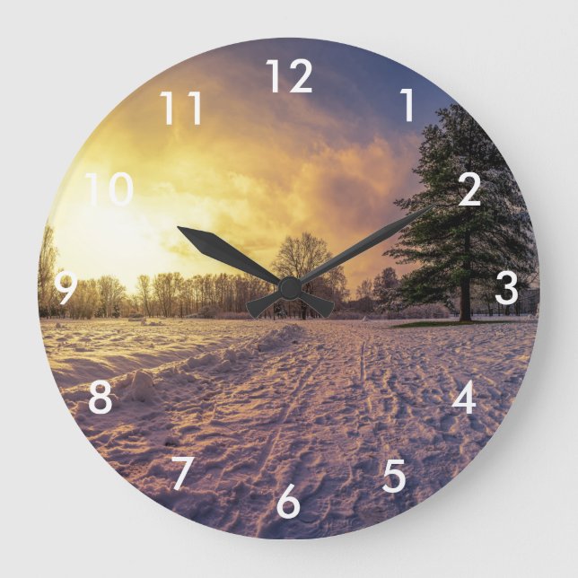 Sunset over snowy winter park large clock (Front)