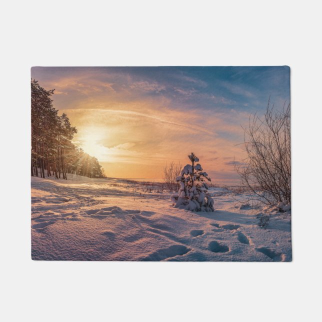 Sunset over snowy winter sea coast doormat (Front)