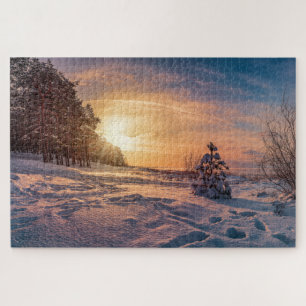 Sunset over snowy winter sea coast jigsaw puzzle
