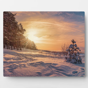 Sunset over snowy winter sea coast plaque