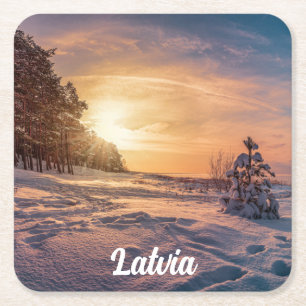 Sunset over snowy winter sea coast square paper coaster