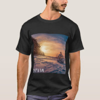 Sunset over snowy winter sea coast