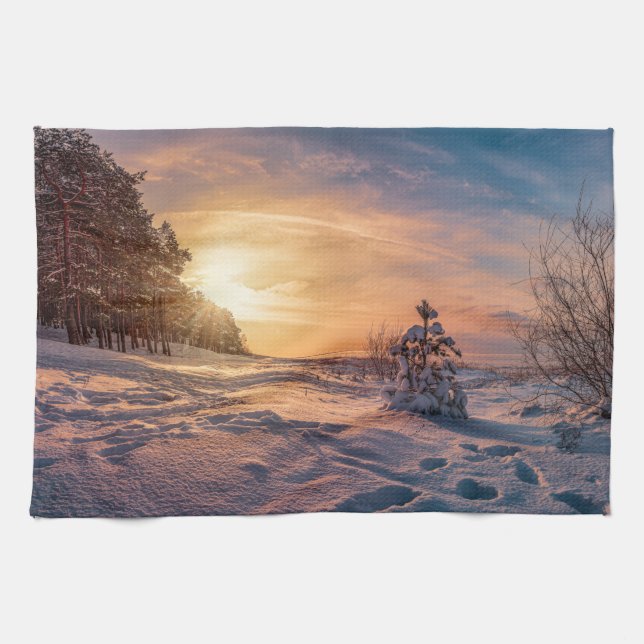 Sunset over snowy winter sea coast tea towel (Horizontal)