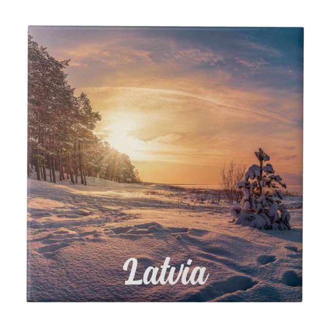 Sunset over snowy winter sea coast tile (Front)