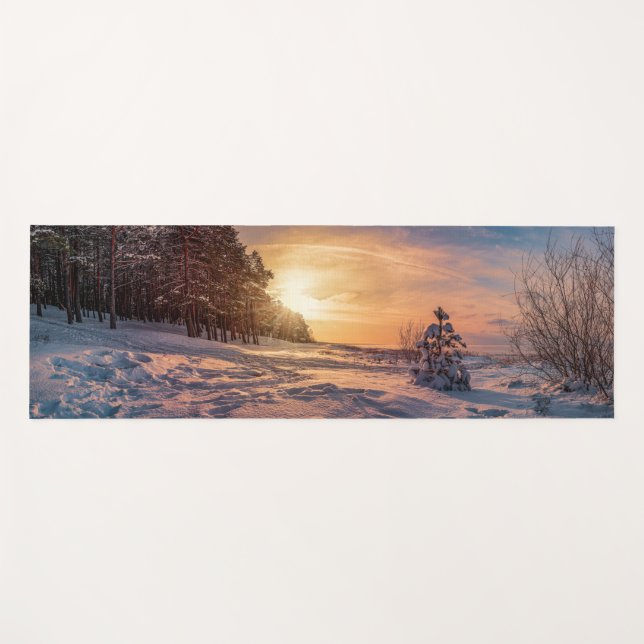 Sunset over snowy winter sea coast yoga mat (Front (Horizontal))
