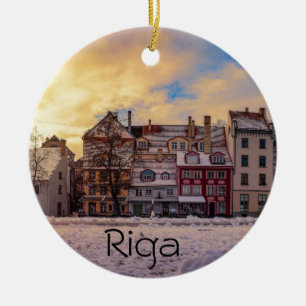 Sunset over street in Riga Ceramic Tree Decoration