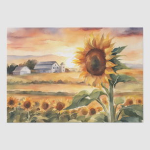 Sunset Over Sunflower Fields watercolor Decoupage  Tissue Paper