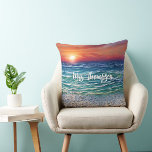 Sunset over the blue turquoise waters cushion