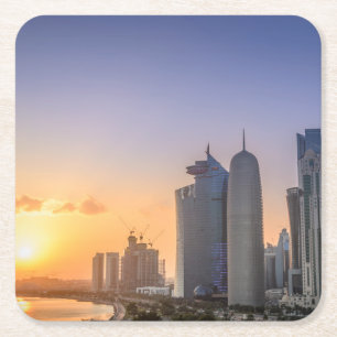 Sunset over the city of Doha, Qatar Square Paper Coaster