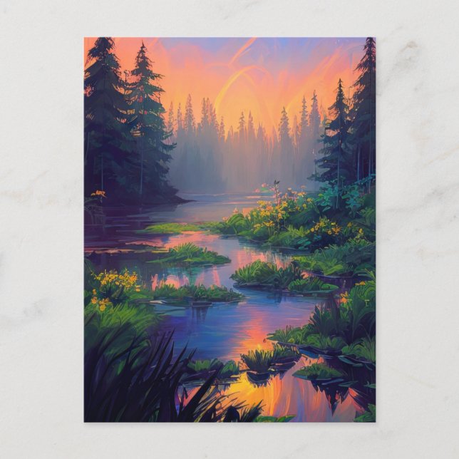 Sunset over the Enchanting Swampy Forest Postcard (Front)