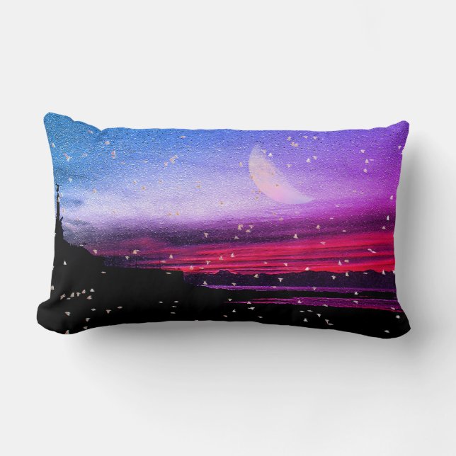 Sunset over the sea and birds in Aberystwyth Lumbar Cushion (Front)