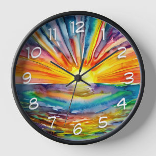 Sunset over  the Water Reflection   Watercolor Art Clock