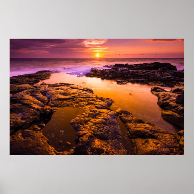 Sunset over tide pools, Hawaii Poster (Front)