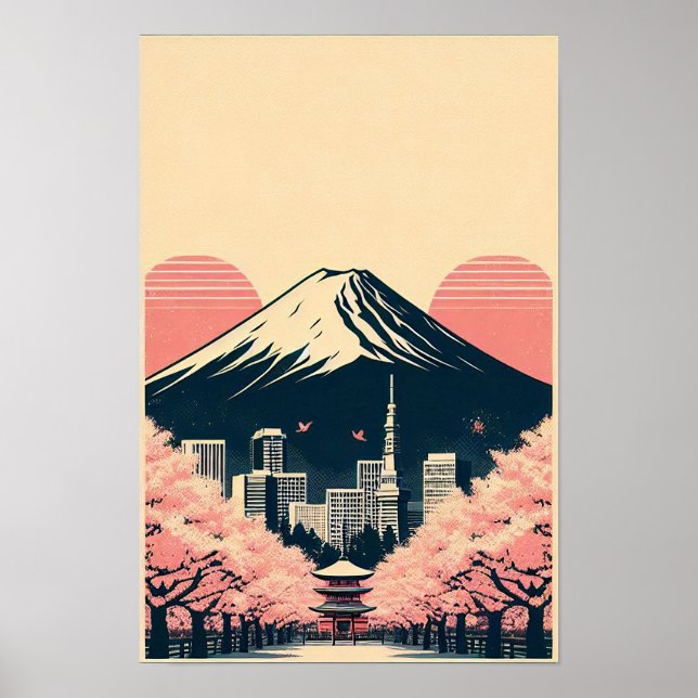 Sunset Over Tokyo with Cherry Blossoms Poster (Front)