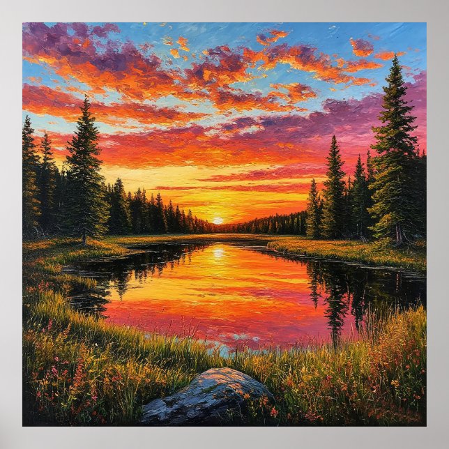 Sunset Over Tranquil Forest River Poster (Front)