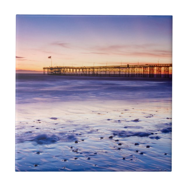 Sunset Over Ventura Pier And Beach Tile (Front)