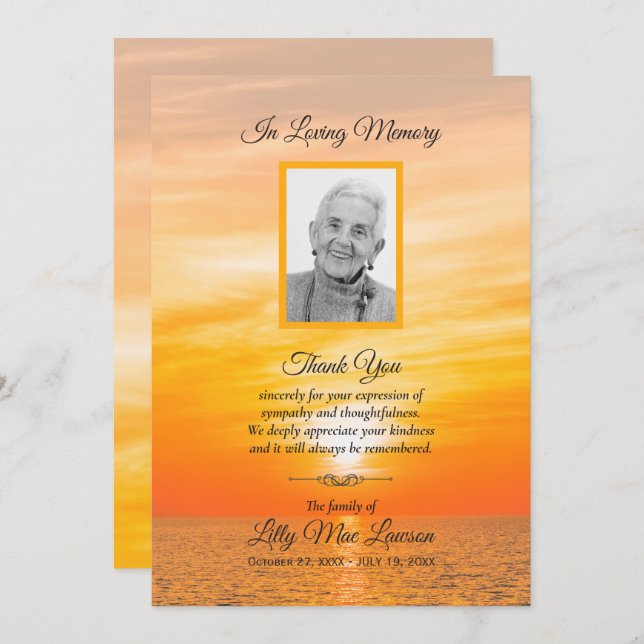 Sunset over Water Funeral Memorial Thank You Cards (Front/Back)