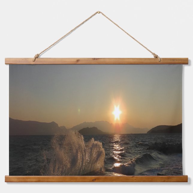 Sunset Over Waves in Croatia Coastline Hanging Tapestry (Front)