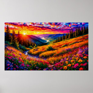 Sunset Over Wildflower Meadow 🌅 Colourful Mosaic Poster