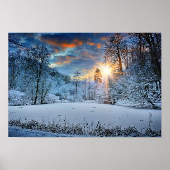 Sunset Over Winter Forest Lake Poster (Front)