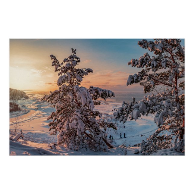 Sunset over winter snowy sea coast poster (Front)