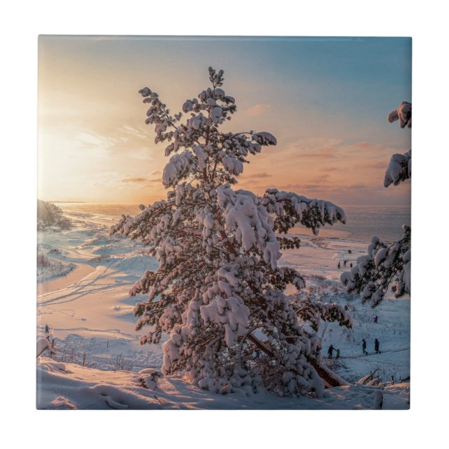 Sunset over winter snowy sea coast tile (Front)