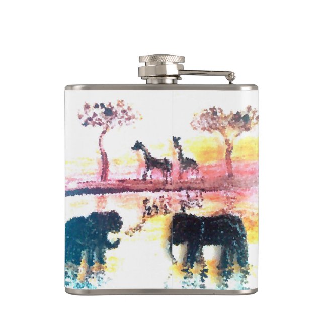 Sunset Painting African Elephant, Giraffe Hip Flask (Back)