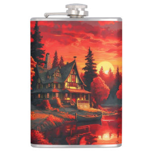 Sunset Painting with Cottage and Lake-66633 Hip Flask