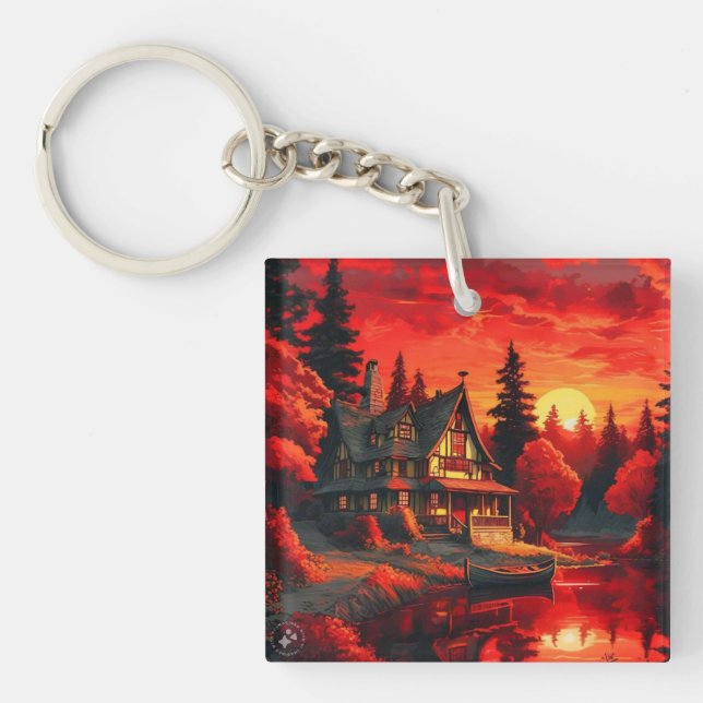 Sunset Painting with Cottage and Lake-66633 Key Ring (Front)
