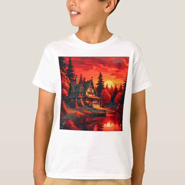 Sunset Painting with Cottage and Lake-66633 T-Shirt (Front)