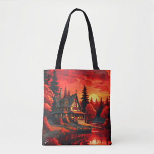 Sunset Painting with Cottage and Lake-66633 Tote Bag