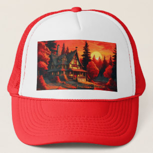 Sunset Painting with Cottage and Lake-66633 Trucker Hat