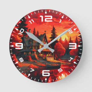 Sunset Painting with Cottage and Lake Round Clock