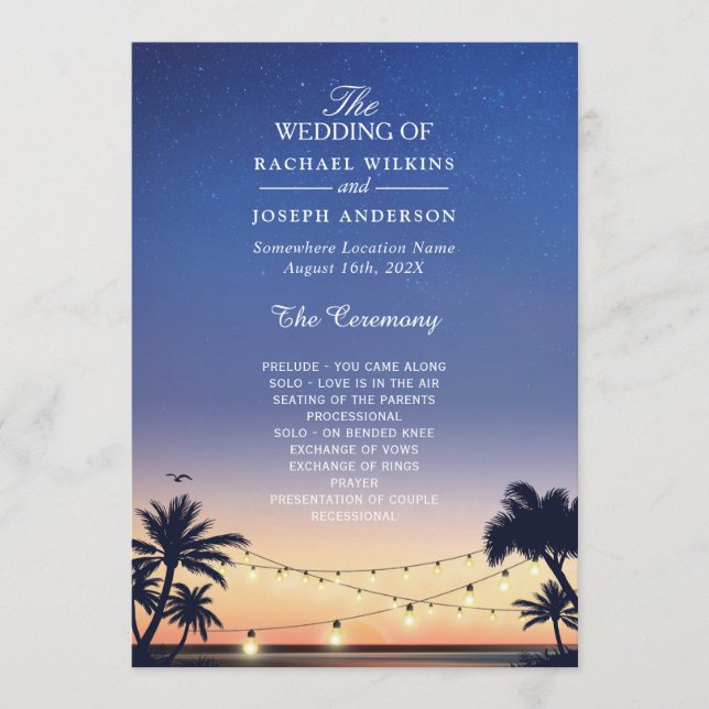 Sunset Palm Beach String Lights Wedding Programme (Front)