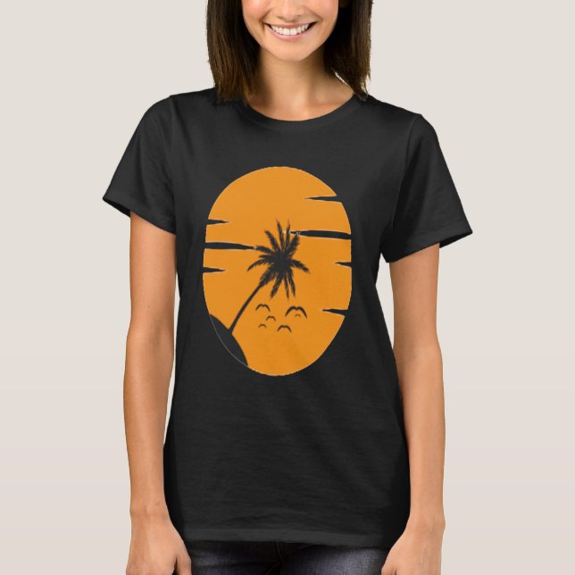Sunset, palm tree and beach, simple design, , T-Shirt (Front)